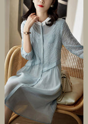 Blue O-Neck Button Tulle Holiday Dress Long Sleeve