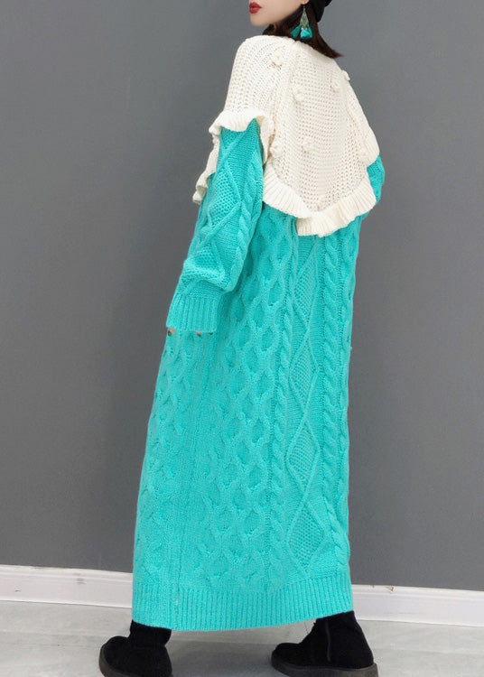 Blue O-Neck Patchwork Cozy Knit Sweater Dress Winter