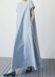 Blue O-Neck Patchwork Solid Maxi Dress Short Sleeve