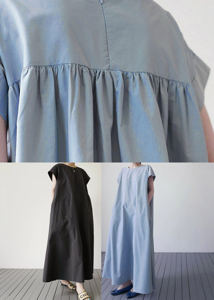 Blue O-Neck Patchwork Solid Maxi Dress Short Sleeve