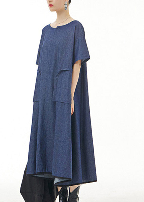 Blue O-Neck Solid Cotton Maxi Dress Short Sleeve