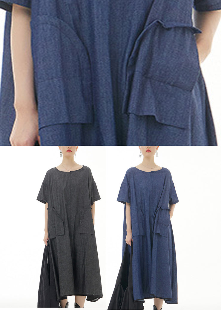 Blue O-Neck Solid Cotton Maxi Dress Short Sleeve