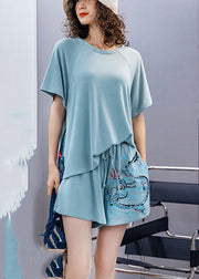 Blue O-Neck Top And Shorts Two Pieces Set Summer