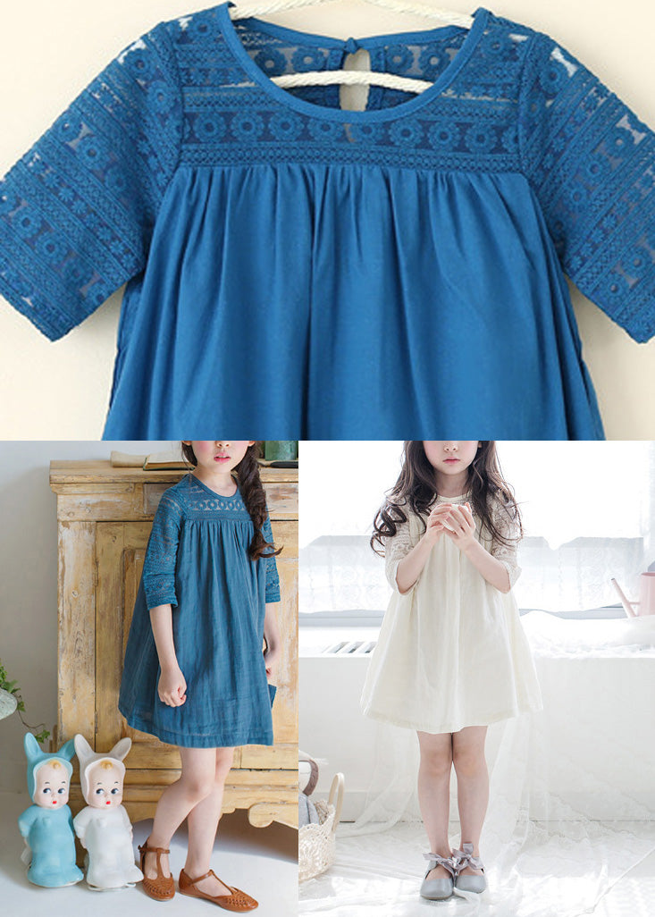 Blue O-Neck Wrinkled Cotton Girls Mid Dresses Half Sleeve