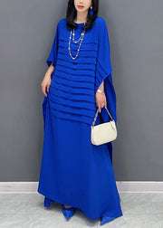 Blue O-Neck Wrinkled Solid Loose Dress Summer