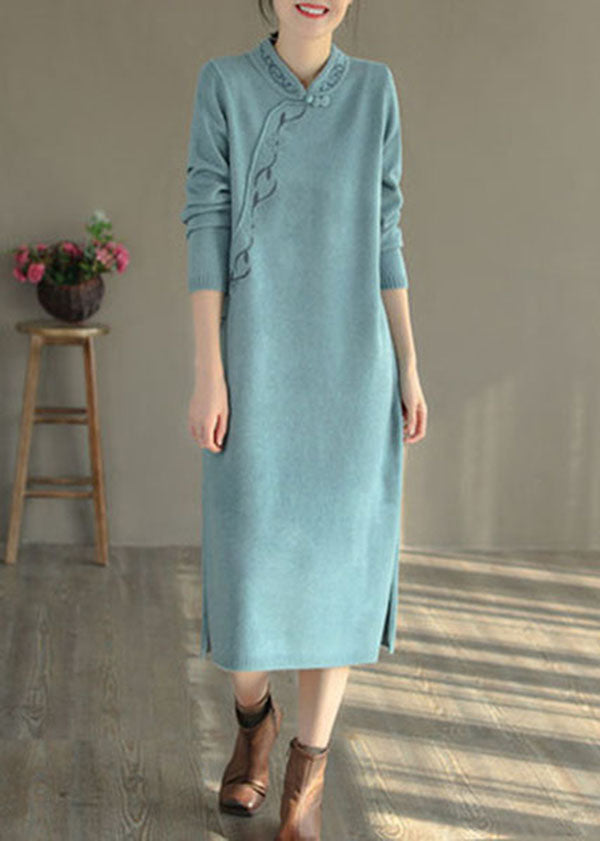 Blue Oriental Long Knit Dress Embroidered Side Open Winter