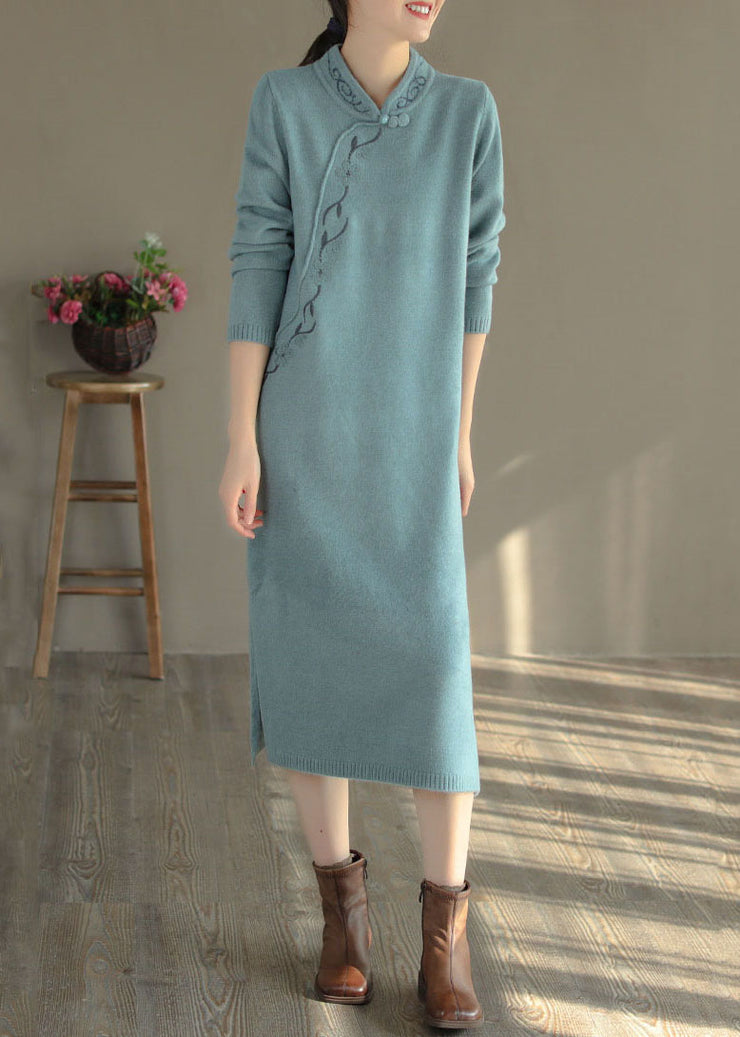 Blue Oriental Long Knit Dress Embroidered Side Open Winter