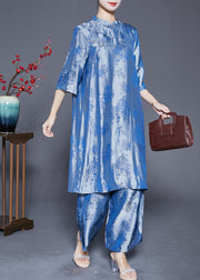 Blue Oriental Silk Two Piece Set Mandarin Collar Jacquard Summer