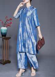 Blue Oriental Silk Two Piece Set Mandarin Collar Jacquard Summer