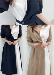 Blue Patchwork Cinched Cotton Maxi Dresses Short Sleeve