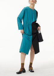 Blue Patchwork Cotton Cinched Dress Oversized Side Open Spring