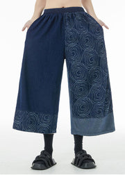 Blue Patchwork Cotton Crop Pants Elastic Waist Asymmetrical Summer