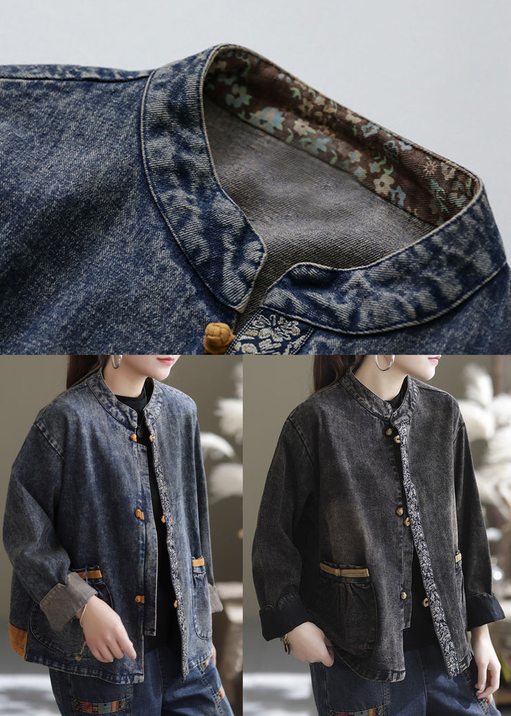 Blue Patchwork Cotton Denim Coats Stand Collar Oriental Button Fall