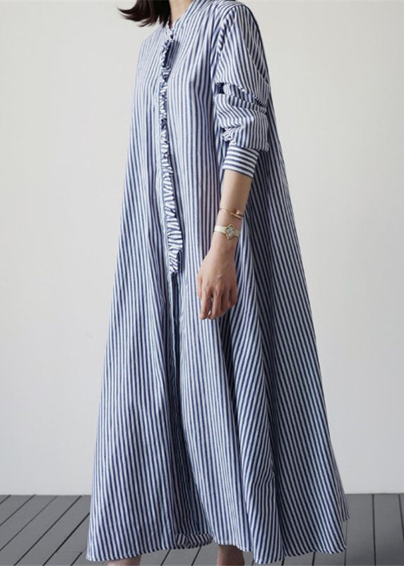Blue Patchwork Cotton Dresses Ruffled Striped Long Sleeve
