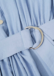 Blue Patchwork Cotton Maxi Dresses O Neck Tie Waist Summer