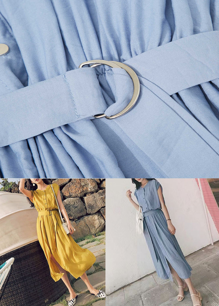 Blue Patchwork Cotton Maxi Dresses O Neck Tie Waist Summer
