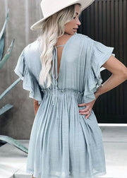 Blue Patchwork Cotton Mid Dress Wrinkled Drawstring Summer