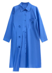 Blue Patchwork Cotton Shirt Dress Peter Pan Collar Button Spring