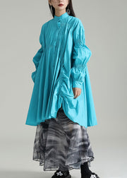 Blue Patchwork Cotton Shirts Dresses Stand Collar Wrinkled Fall