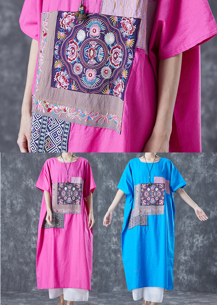 Blue Patchwork Cotton Vacation Dresses Embroidered Applique Summer