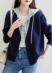 Blue Patchwork False Two Pieces Cotton Hoodie Coat Zip Up Fall