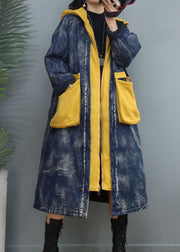 Blue Patchwork Fine Cotton Filled Hooded Winter Coat