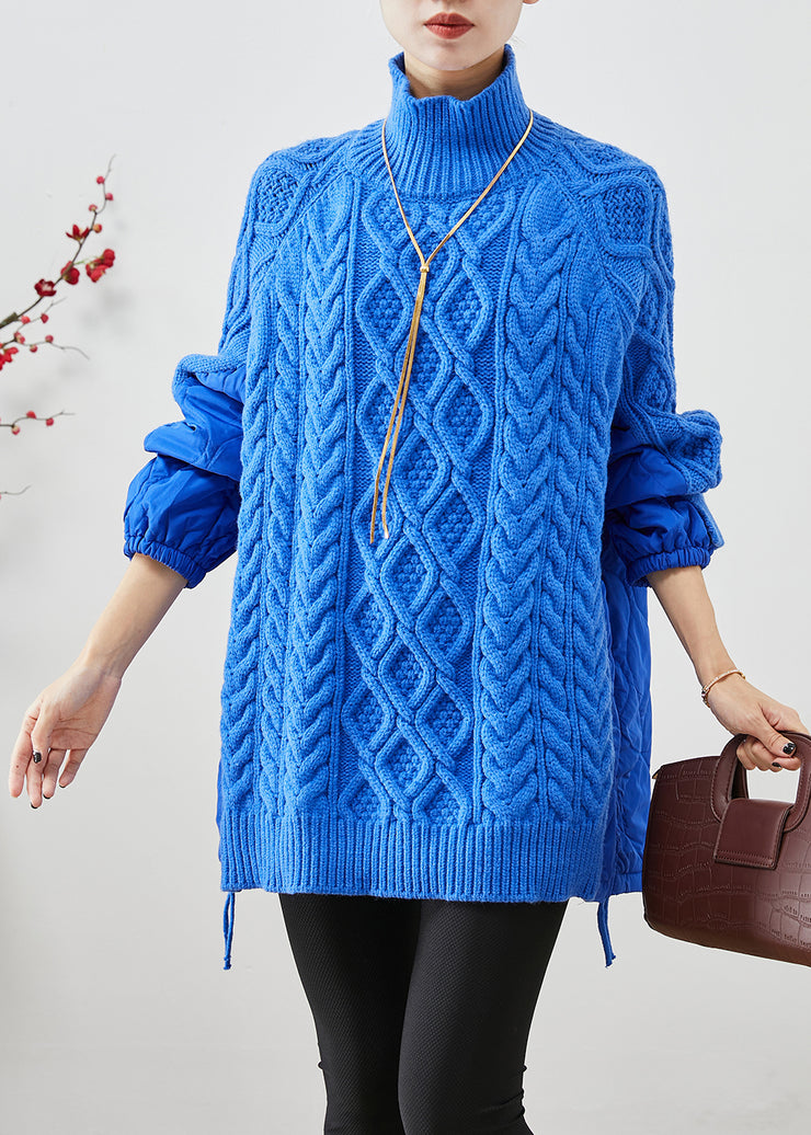 Blue Patchwork Knit Short Sweater Oversized Drawstring Winter