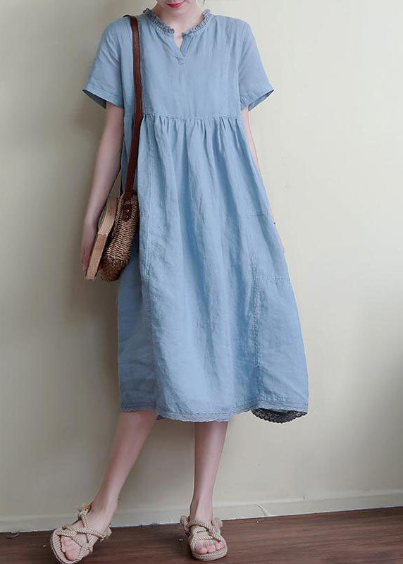 Blue Patchwork Linen Dresses Ruffled Short Sleeve