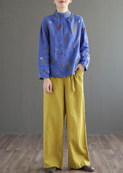 Blue Patchwork Linen Shirt Tops Embroidered Stand Collar Long Sleeve