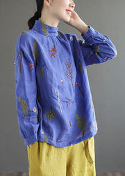 Blue Patchwork Linen Shirt Tops Embroidered Stand Collar Long Sleeve