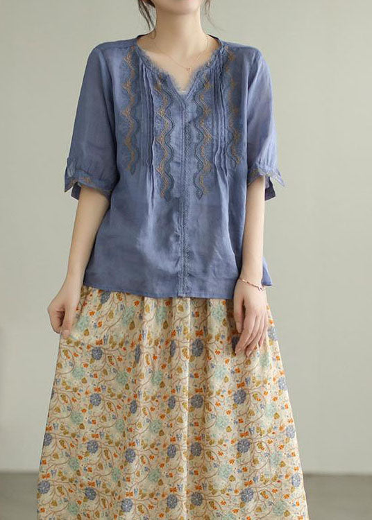 Blue Patchwork Linen T Shirts Embroidered Summer