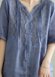 Blue Patchwork Linen T Shirts Embroidered Summer