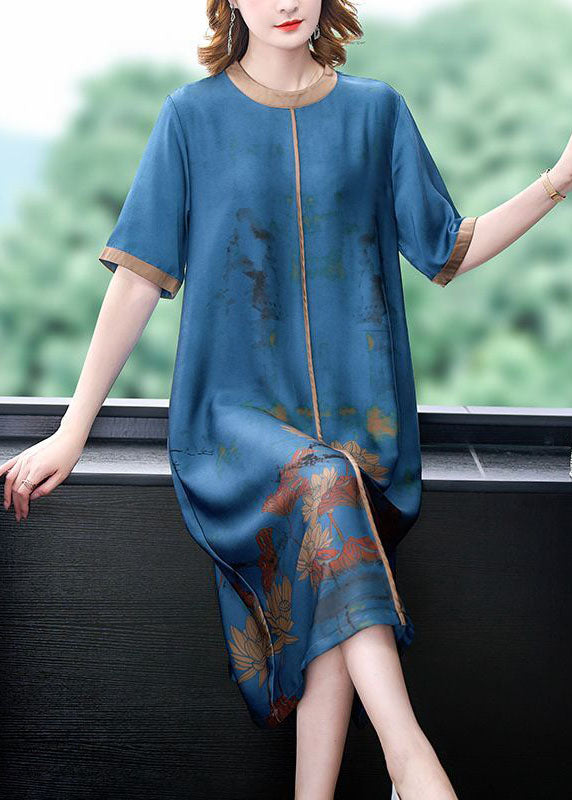 Blue Patchwork Silk Long Dress Oversized Print Half Sleeve
