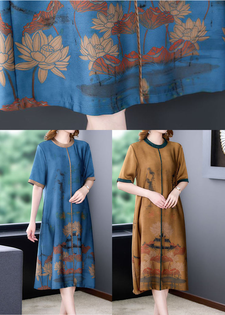 Blue Patchwork Silk Long Dress Oversized Print Half Sleeve