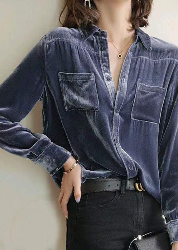 Blue Patchwork Silk Velour Shirt Tops Peter Pan Collar Solid Long Sleeve