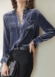 Blue Patchwork Silk Velour Shirt Tops Peter Pan Collar Solid Long Sleeve