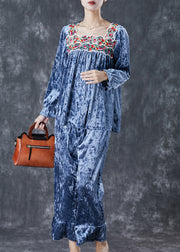 Blue Patchwork Silk Velour Two-Piece Set Square Collar Embroidered Fall