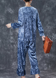 Blue Patchwork Silk Velour Two-Piece Set Square Collar Embroidered Fall
