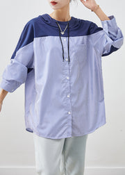 Blue Patchwork Striped Cotton Sweatshirts Top Hooded Bracelet Sleeve
