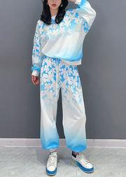 Blue Patchwork Tops And Pants Cotton Two Pieces Set O Neck Floral Long Sleeve