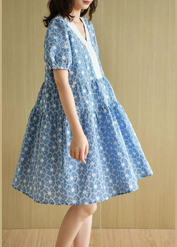 Blue Patchwork V Neck Embroideried Summer Cotton Dress Short Sleeve - SooLinen