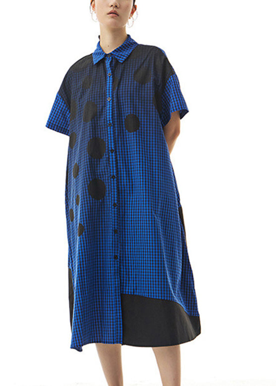 Blue Peter Pan Collar Button Cotton Maxi Shirt Dress Short Sleeve