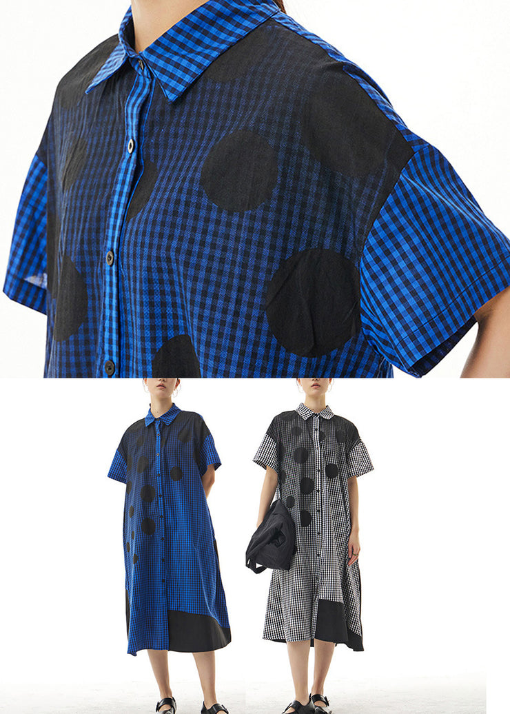 Blue Peter Pan Collar Button Cotton Maxi Shirt Dress Short Sleeve