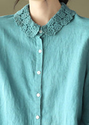 Blue Peter Pan Collar Button Linen Shirts Long Sleeve