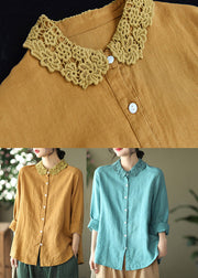 Blue Peter Pan Collar Button Linen Shirts Long Sleeve