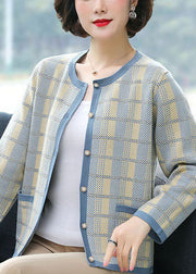 Blue Plaid Knit Coats O-Neck Pockets Long Sleeve