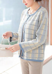 Blue Plaid Knit Coats O-Neck Pockets Long Sleeve