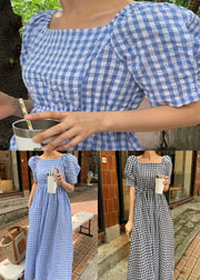 Blue Plaid Patchwork Cotton Dress Square Collar Puff Sleeve