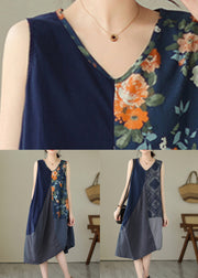 Blue Plaid Patchwork Cotton Vacation Dresses V Neck Summer