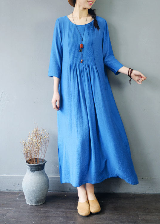 Blue Pockets Patchwork Cotton Dress Wrinkled O Neck Spring